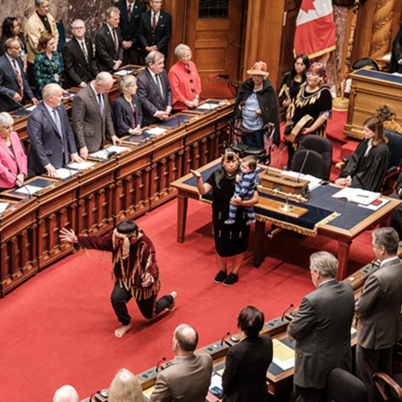 Lekwungen Traditional Dancers perform a prayer song before Bill 41, the Declaration on the Rights of Indigenous Peoples Act, was introduced.
